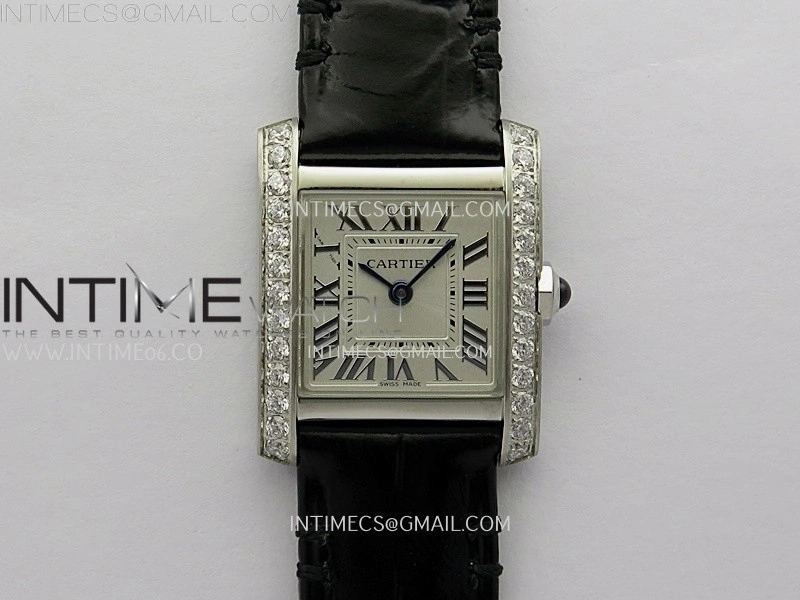 Tank Francaise Ladies 21.2mm Diamond Bezel SS 8848F 1:1 Best Edition Silver Dial on Black Leather Strap Ronda Quartz V2